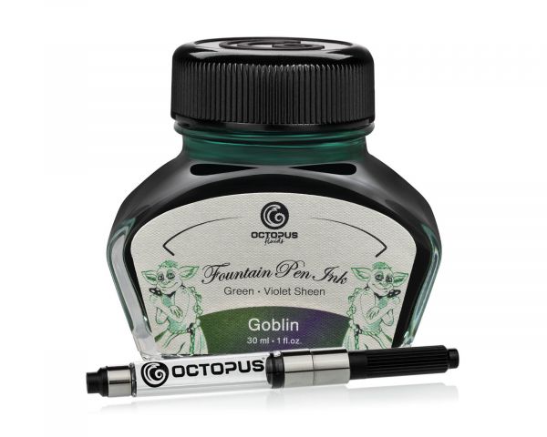 Octopus Fluids Fountain Pen Ink Sheen Ink Octopus Sheen Ink Goblin Green with Purple Metallic Sheen, 30 ml, with Converter