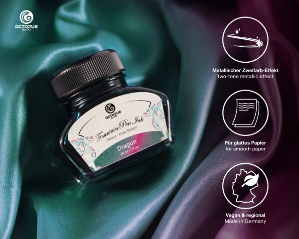 Octopus Fluids Fountain Pen Ink Sheen Ink Collection Dragon Petrol, Two-Tone Metallic Sheen, incl. Converter, 30 ml