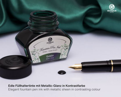 Octopus Fluids Fountain Pen Ink Sheen Ink Octopus Sheen Ink Goblin Green with Purple Metallic Sheen, 30 ml, with Converter