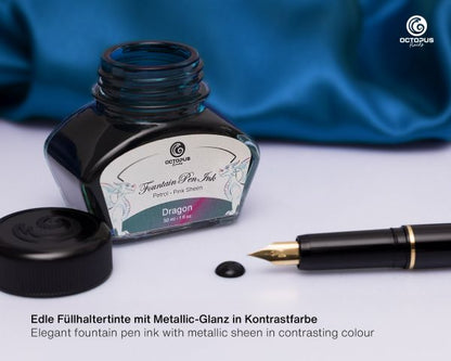 Octopus Fluids Fountain Pen Ink Sheen Ink Collection Dragon Petrol, Two-Tone Metallic Sheen, incl. Converter, 30 ml