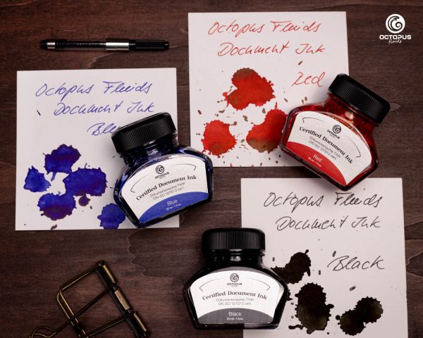 Octopus Fluids Document-Proof Fountain Pen Ink Document Inks 3 x 30 ml Black Blue Red with Converter, certified according to DIN ISO 12757-2