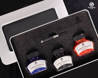Octopus Fluids Document-Proof Fountain Pen Ink Document Inks 3 x 30 ml Black Blue Red with Converter, certified according to DIN ISO 12757-2