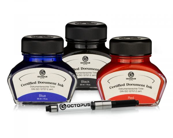 Octopus Fluids Document-Proof Fountain Pen Ink Document Inks 3 x 30 ml Black Blue Red with Converter, certified according to DIN ISO 12757-2