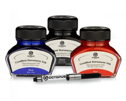 Octopus Fluids Document-Proof Fountain Pen Ink Document Inks 3 x 30 ml Black Blue Red with Converter, certified according to DIN ISO 12757-2