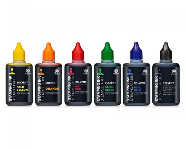 Octopus Solvent-Based Stamp Ink Set for Smooth Surfaces Black, Red, Blue, Green, Yellow, Orange