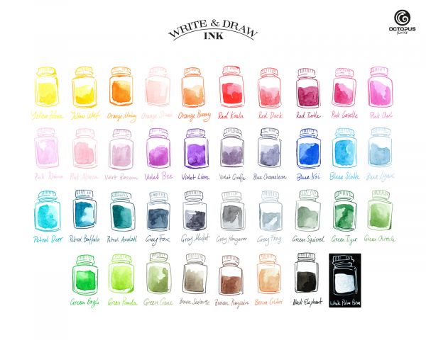 Octopus Fluids Pigmentierte, wasserfeste Schreib- und Zeichentinten im Set Write & Draw 38 Farben